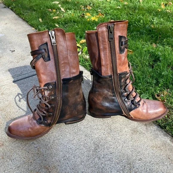 Freebird Ravi Mid-Calf Distressed Brown Leather Two Tone Leather Moto Boots 10 - Picture 9 of 17